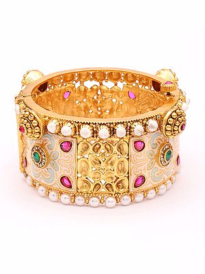 Floral Kundan Meenakari Cuff Openable Bangles with Pearl Border
