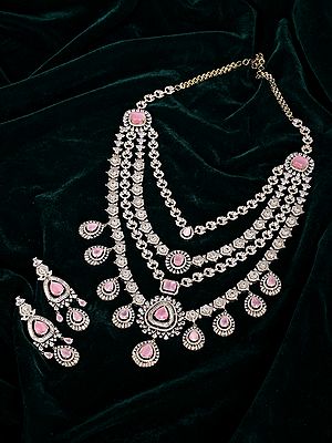Multi-Strand American Diamond Bridal Necklace Set with Pink Stone Earrings
