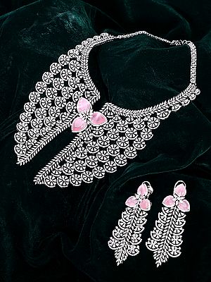 Floral American Diamond Necklace and Earrings Set with Pink Gemstones