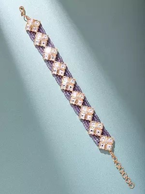 Square Design Kundan Stone Bracelet with Amethyst Beads (Adjustable)