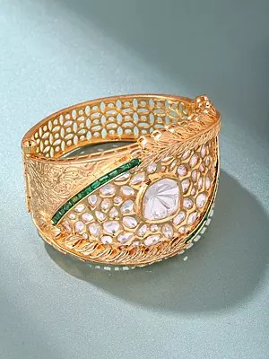 Kundan Cuff Bracelet with Leaf Design and Stones