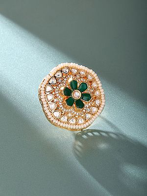 Floral Bloom Kundan Ring with Simulated Emeralds - Adjustable Fit