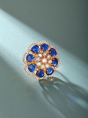 Blue Flower Design Stone Studded Adjustable Kundan Ring