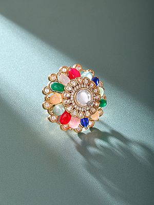 Designer Adjustable Cocktail Ring with Kundan Embellishments