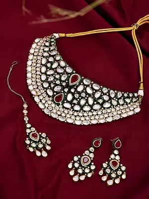Green Meenakari Kundan Bridal Necklace Set with Earrings and Maang Tikka