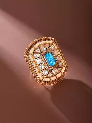 Adjustable Kundan Gemstone Ring with Pearl Border