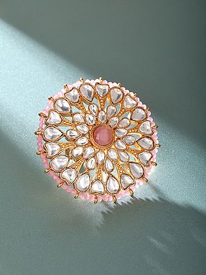 Adjustable Statement Ring with Pink Beaded Halo and Polki Accents