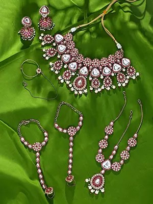 Red Kundan Stone Studded Bridal Wedding Set with Pearl Drop