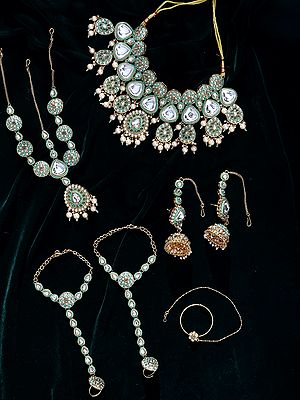 Green Kundan Stone Studded Bridal Wedding Set with Pearl Drop