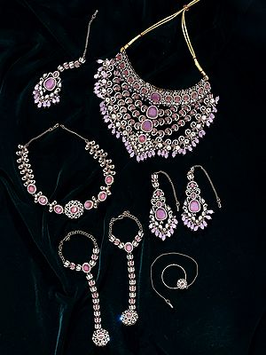 Rajwadi Bridal Kundan Jewellery Set with Red, Green Stones & Pearl Drops