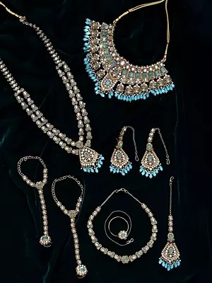Bridal Wedding Necklace Set with Aqua Stones, Twin-Layered Chains and Dangling Beads