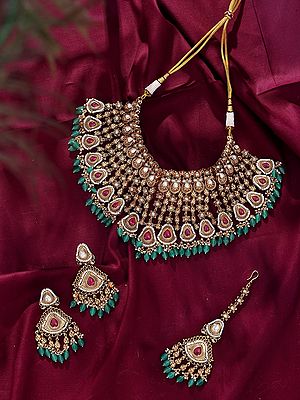 Red Stone Polki Bridal Necklace Set with Earrings & Maang Tikka
