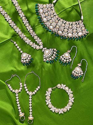 Complete Wedding Jewelry Set: Floral Teardrop Design with Green Beads