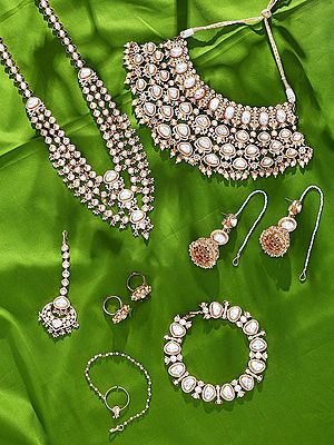 Complete Bridal Polki Jewelry Set with Choker, Haar, Sheeshpatti and Ring