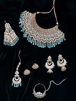 Complete Kundan Jewellery Set for Brides: Maang Tikka, Ring, Nose Ring, Passa