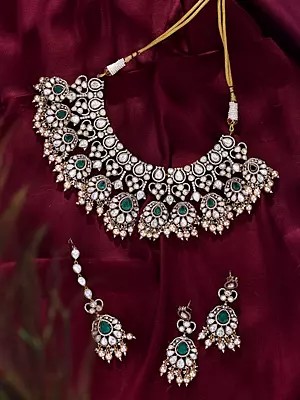 Emerald & Polki Stone Studded Choker Necklace Set with Maang Tikka