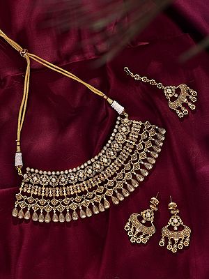 Polki Studded Semi Bridal Choker Set with Matching Earrings and Maang Tikka