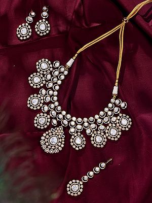 Complete Bridal Choker Set: Pear Shape Polki Necklace, Earrings, and Maang Tikka