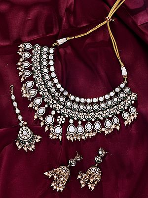 Green Polki Stone Bridal Choker Set with Earrings and Maang Tikka