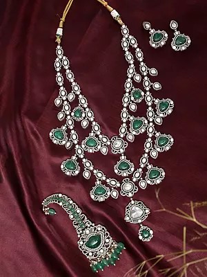 Bridal Rani Haar Necklace Set with Green Stones and Kalingi Brooch
