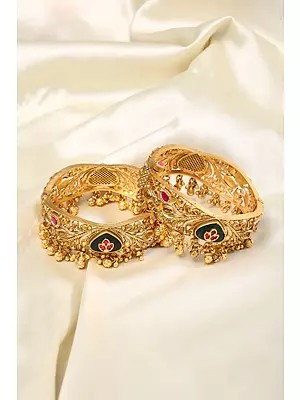 Green Kundan Stone Openable Bangles with Ghungroo Drops (Pair)
