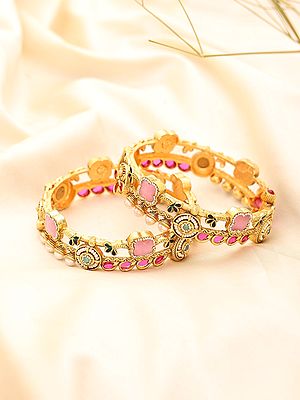 Pink Kundan Stone Studded Openable Bridal Kada (Pair) - Antique Finish