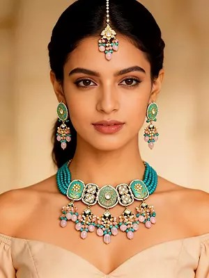 Meenakari Style Kundan Necklace Set with Multi-Strand Beads and Pastel Drops