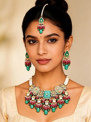 Meenakari Style Kundan Choker Set with Beaded Strands and Maang Tikka