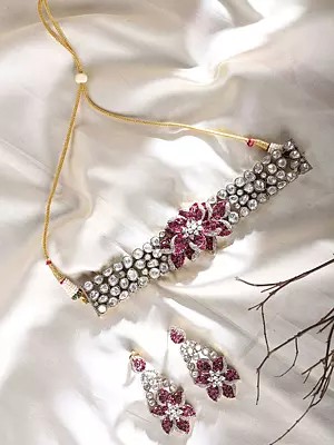 Pink Floral Stone Studded Kundan Choker Set with Earrings