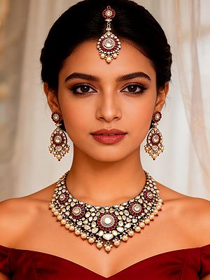 Floral Kundan Bridal Necklace Set with Maang Tikka and Pearl Drops