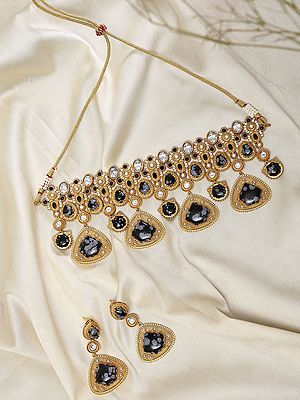 Designer Kundan Choker Necklace Set with Geometric Design Green Stones and Earrings