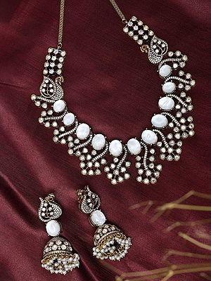 Kundan Necklace Set with White Stone Peacock Design and Jhumka Earrings