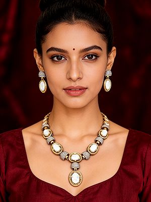 Oval Cute Stone Studded Kundan Necklace and Earrings Set