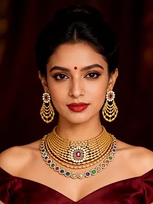 Multi-Color Navratna Kundan Stone Studded Layered Choker Necklace Set with Earrings