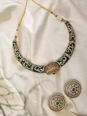 Green Stone Studded Rajasthani Style Hasli Necklace with Stud Earrings