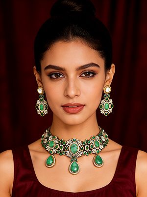 Green Stone Studded Kundan Necklace Set with Earrings
