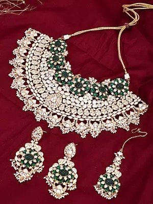 Green Stone Studded Kundan Bridal Choker Necklace Set with Maang Tikka