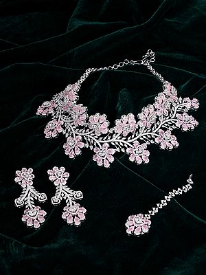 Floral Design American Diamond Necklace Set & Maang Tikka