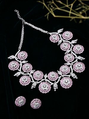 Floral American Diamond Bridal Statement Necklace Set with Stud Earrings
