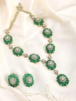 Green Crystal Floral Necklace Set with Stud Earrings
