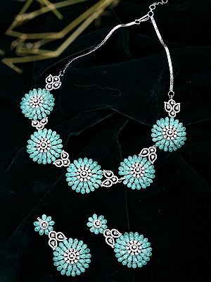 Blue Gemstone Floral Necklace Set with American Diamonds and Matching Earrings