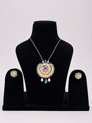 Lord Krishna Kundan Pendant and Earrings Set with Pearl and Gemstone Drops