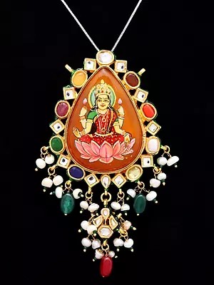 Goddess Lakshmi Navratna Pendant with Kundan Work & Bead Drops