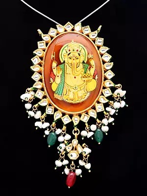 Ganesha Pendant with Polki Studs and Pearl Drops