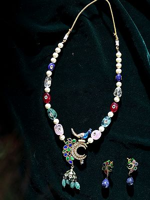 Peacock Crescent Lacquer Necklace Set with Pearls, Quartz, and Kundan Detailing