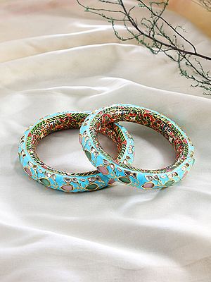 Floral Enamel Meenakari Kundan Bangles in Turquoise