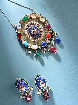 Navratna Stone Pendant and Earrings Set with Oval Cut Gems