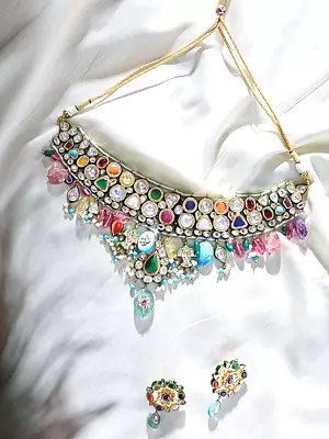 Choker Necklace Set with Navratna Kundan and Multicolor Stone Drops
