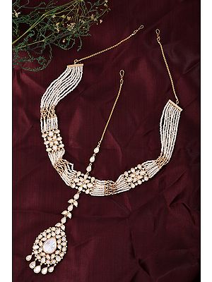 Multi-Strand Pearl Kundan Bridal Matha Patti with Teardrop Maang Tikka