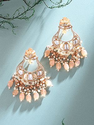 Elegant Chandbali Earrings with Kundan, Peach Stone, and Pearl Accents